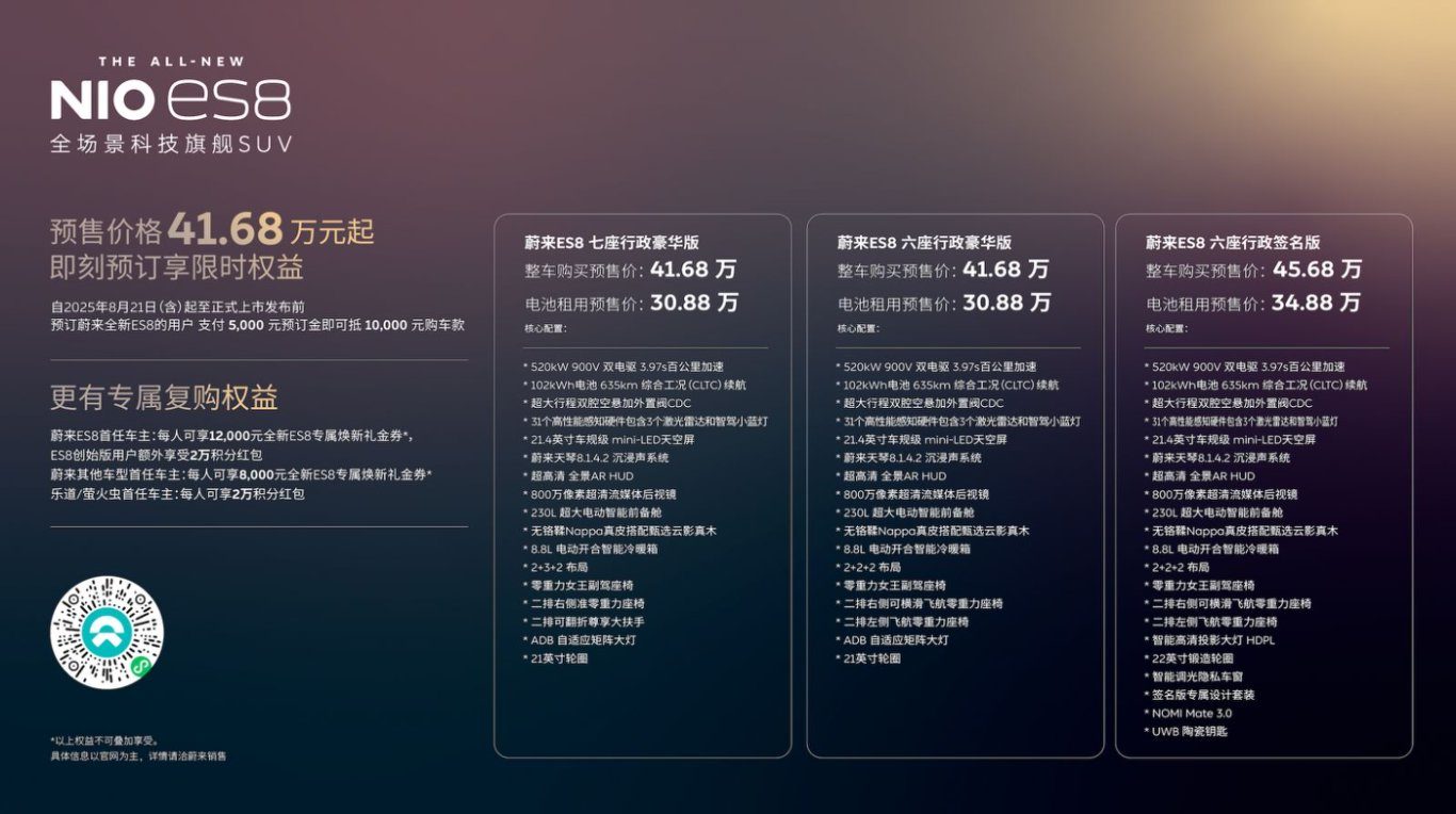 41.68 万元起！全新蔚来 ES8 开启预售，纯电旗舰来袭