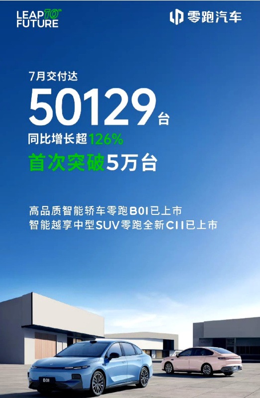 7月新势力销量出炉，零跑月销破5万，小米爬坡缓慢
