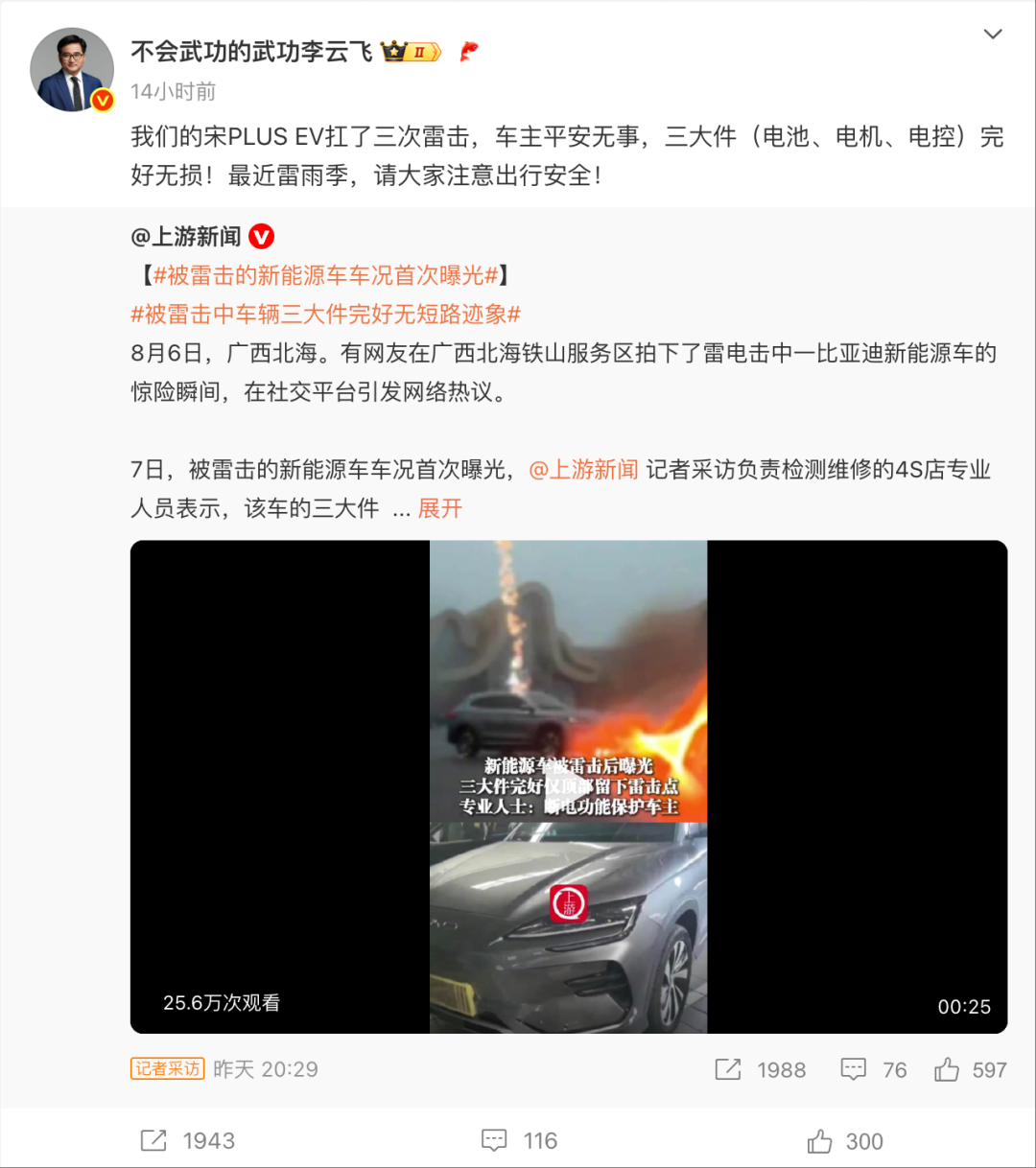 被雷击的比亚迪宋PLUS EV怎么样了？车况首次曝光