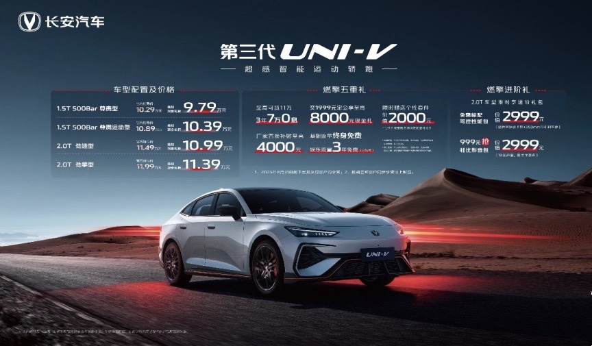 9.79万元就能入手运动轿跑！长安第三代UNI-V价格权益发布