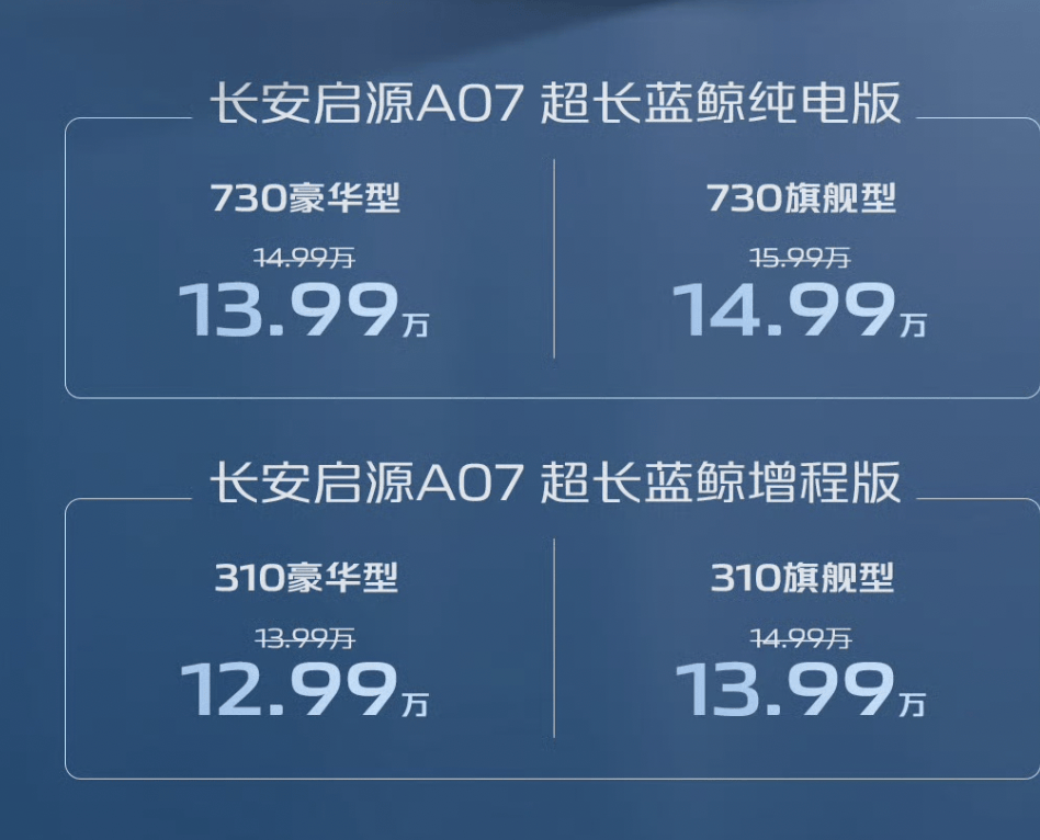长续航+标配3C，长安启源A07超长蓝鲸纯电版/增程版上市